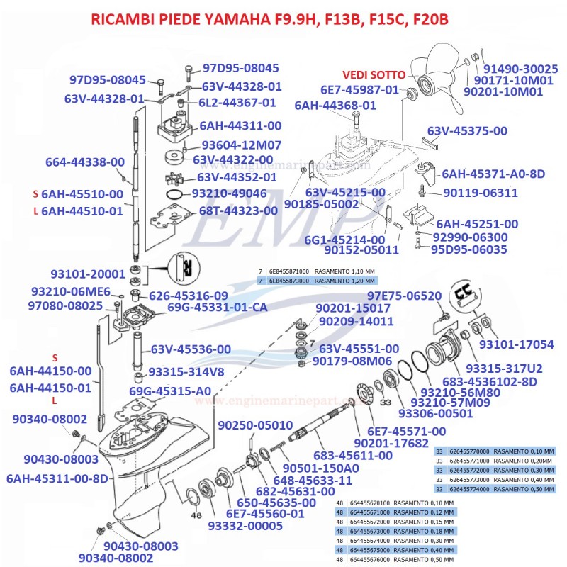 Ricambi Piede F9.9H, F13.5B, F15C, F20B Yamaha Marine
