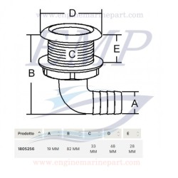 Scarico a mare plastica / inox inc. 33mm portagomma 19mm