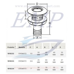 Scarico a mare in ottone cromato inc. 21mm portagomma 19mm