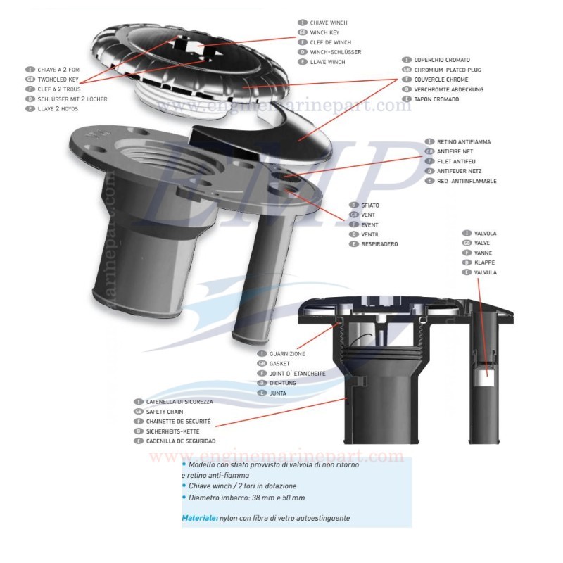 Tappo imbarco acqua in nylon e fibra di vetro cromato