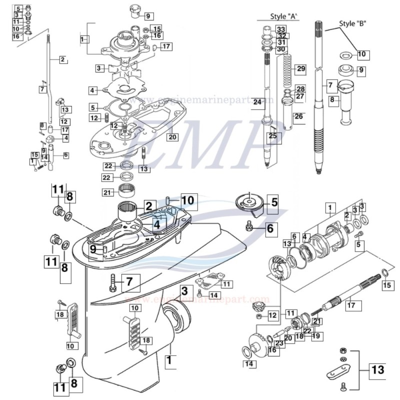 Ricambi Piede 737, HP 25, 40, 50 2T dal 94' al ' Johnson, Evinrude
