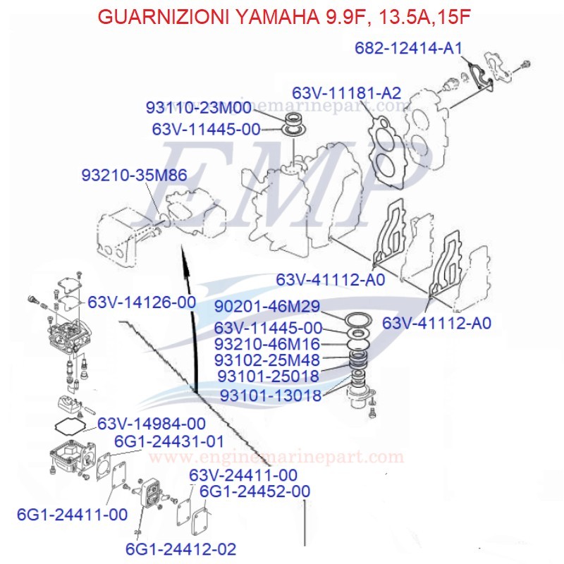 Guarnizioni motore Yamaha Marine 9.9F, 13.5A, 15F