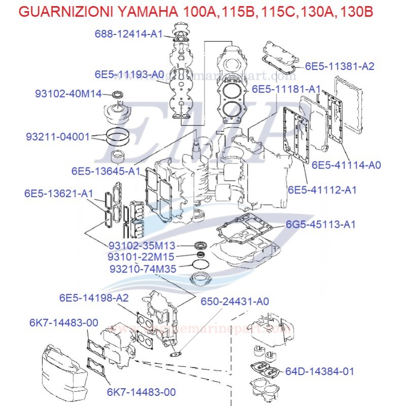 Guarnizioni motore Yamaha Marine 100A, 115B, 115C, 130A, Y130B