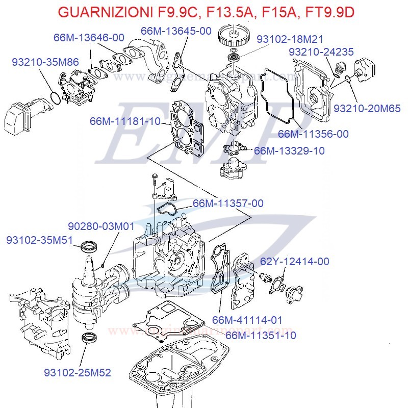 Guarnizioni Yamaha Marine F9.9C, F13.5A, F15A, FT9.9D