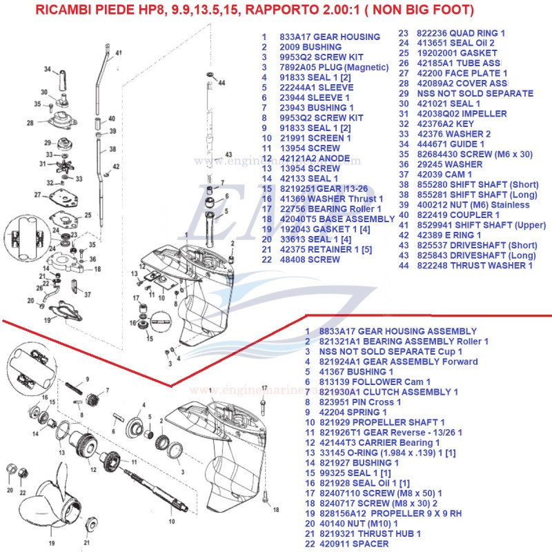 Ricambi Piede HP8, 9.9, 13.5, 15 Mercury, Mariner
